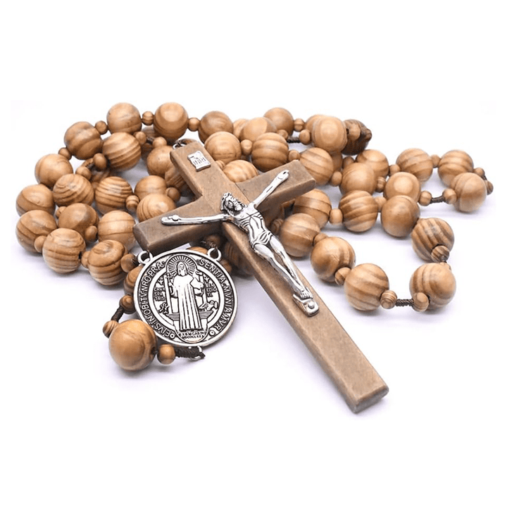 Christianartworkshop St. Benedict Medal & Crucifix of 15 mm Round Brown Wood Nylon Cord Wall Hanging Rosary - Brown - image 1