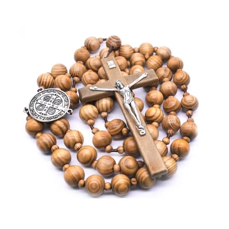 Christianartworkshop St. Benedict Medal & Crucifix of 15 mm Round Brown Wood Nylon Cord Wall Hanging Rosary - image 2