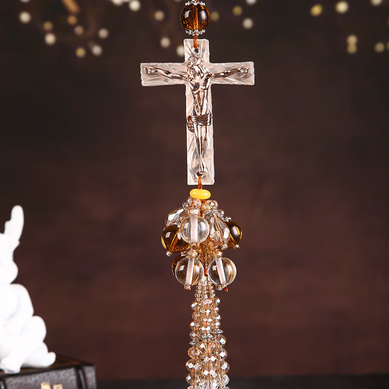 Christianartworkshop Modern Style Car Pendant Crafted Crucifix Crystal Tassels Car Hanging Ornaments  - Crucifix Bead Pendant - image 3