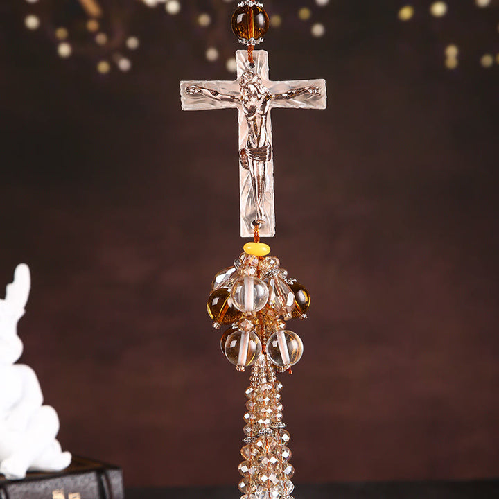 Christianartworkshop Modern Style Car Pendant Crafted Crucifix Crystal Tassels Car Hanging Ornaments  - Crucifix Bead Pendant - image 3