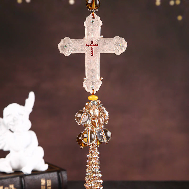 Christianartworkshop Modern Style Car Pendant Crafted Crucifix Crystal Tassels Car Hanging Ornaments  - White Bead Pendant - image 2