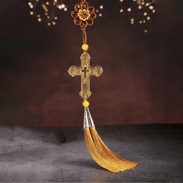 Christianartworkshop Modern Style Car Pendant Crafted Crucifix Crystal Tassels Car Hanging Ornaments  - Golden Tassels - image 0