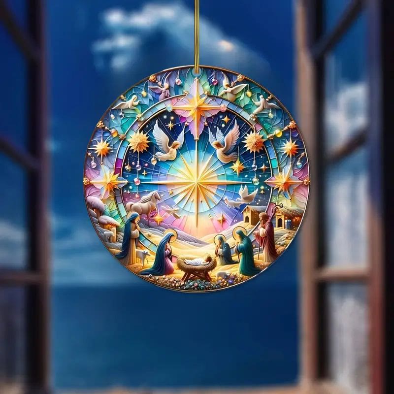 Christianartworkshop Stained Glass Styles Colorful Nativity Hanging Ornaments C - Nativity Scene - image 1