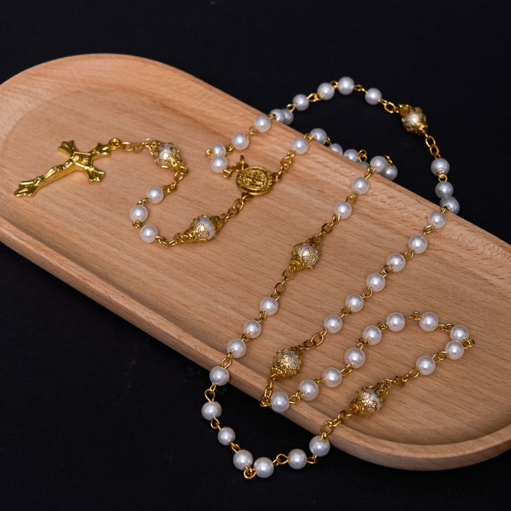 ChristianartworkshopSt. Benedict Medal & Crucifix of 6 mm Round White Pearl Alloy Chain Rosary - image 4