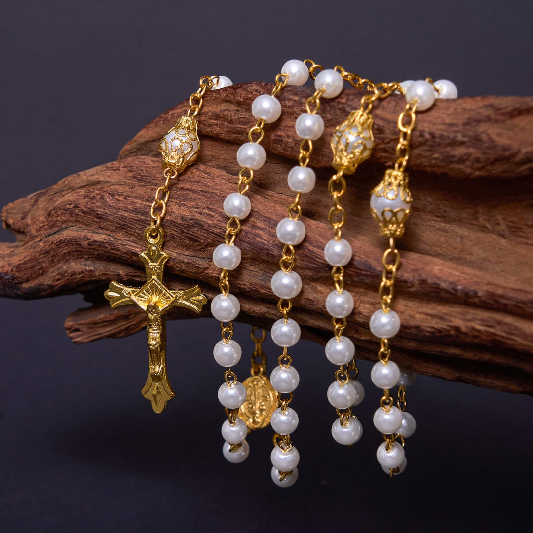 ChristianartworkshopSt. Benedict Medal & Crucifix of 6 mm Round White Pearl Alloy Chain Rosary - 🔥3 PCS - image 1