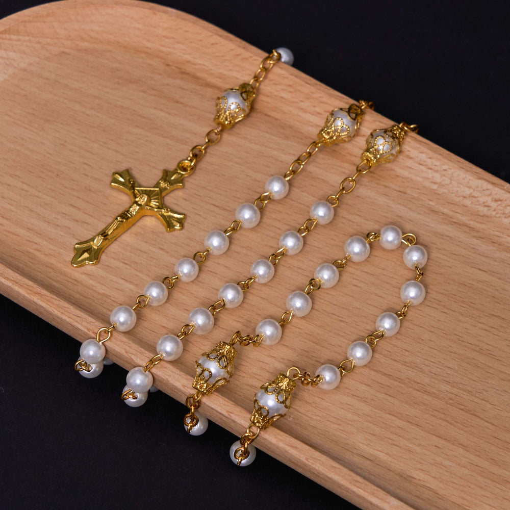 ChristianartworkshopSt. Benedict Medal & Crucifix of 6 mm Round White Pearl Alloy Chain Rosary - image 2