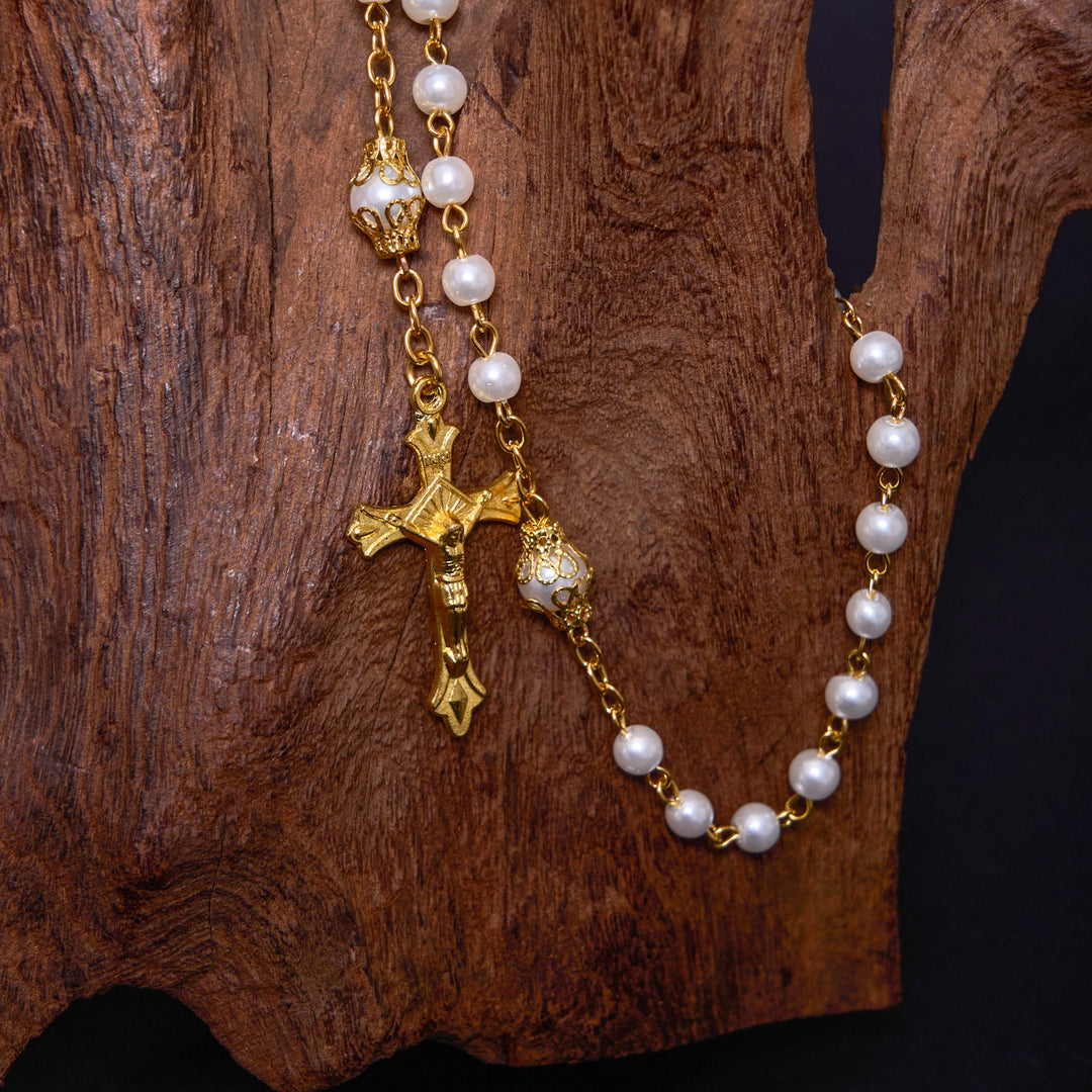 ChristianartworkshopSt. Benedict Medal & Crucifix of 6 mm Round White Pearl Alloy Chain Rosary - image 3
