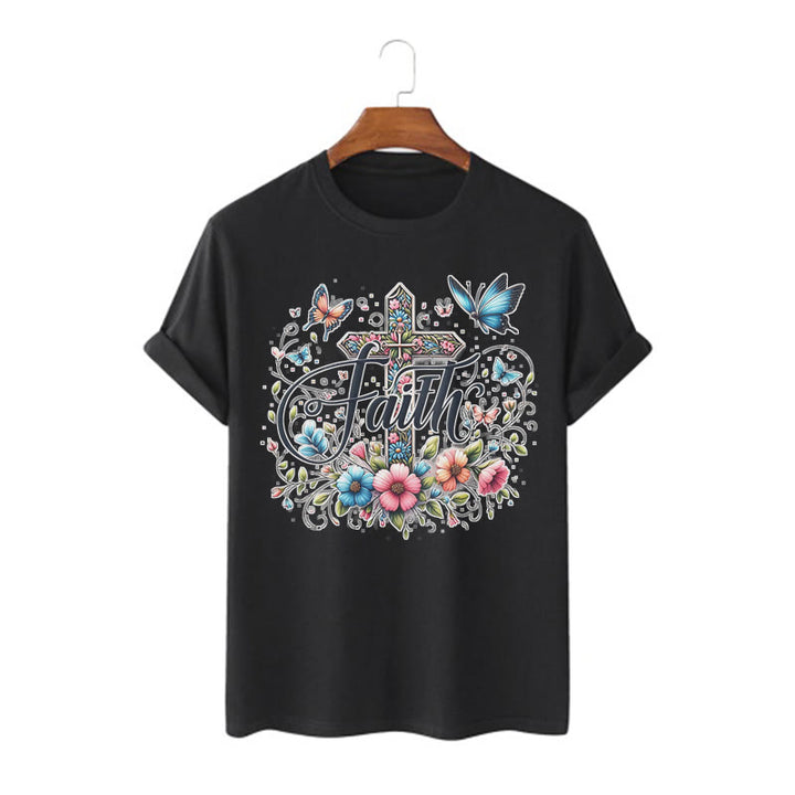 Christianartworkshop Bohemian Style Flowers and Cross Short Sleeve Washed T-shirt - Black - 2XL - image 6
