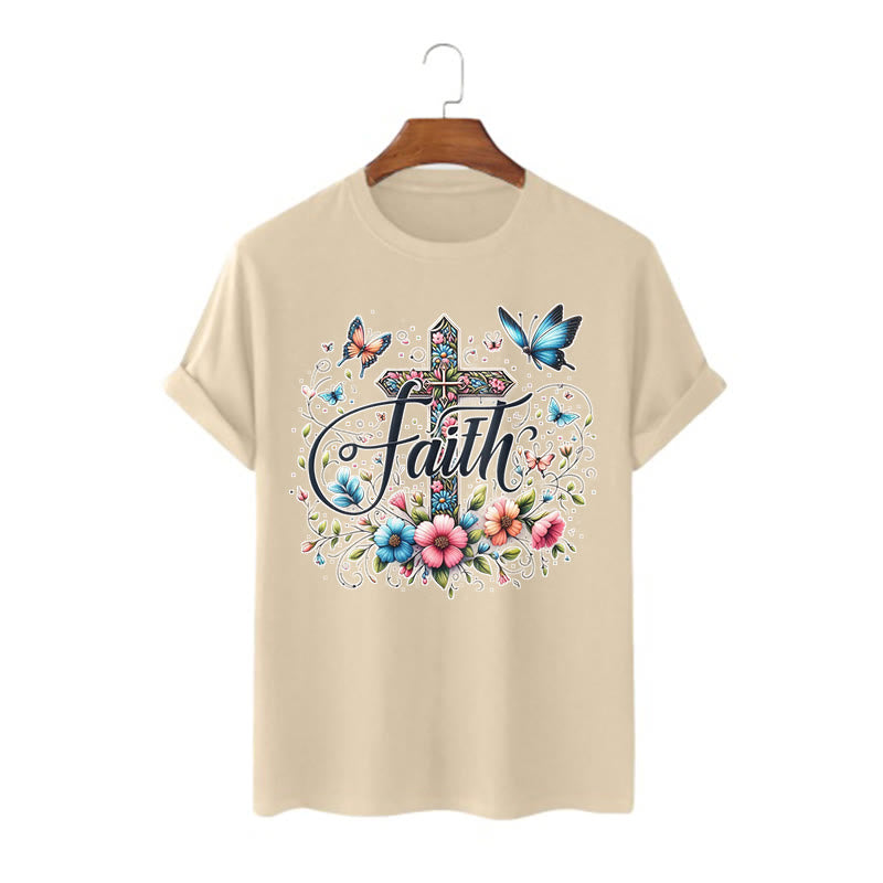 Christianartworkshop Bohemian Style Flowers and Cross Short Sleeve T-shirt - Khaki - 2XL - image 9