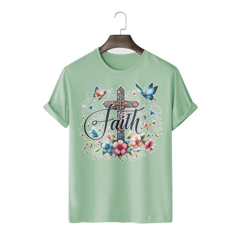 Christianartworkshop Bohemian Style Flowers and Cross Short Sleeve T-shirt - Light Green - 2XL - image 13