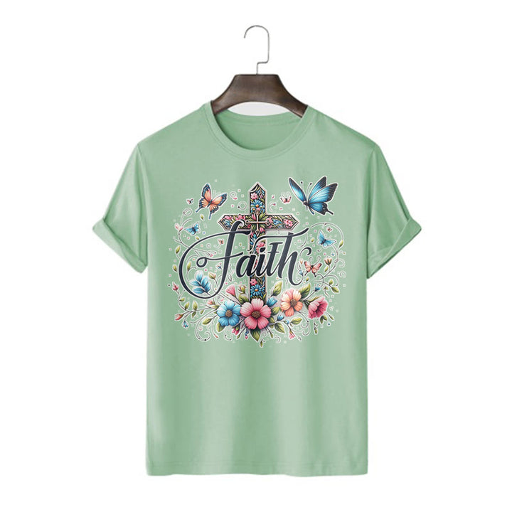 Christianartworkshop Bohemian Style Flowers and Cross Short Sleeve T-shirt - Light Green - 2XL - image 13