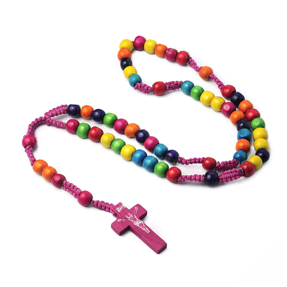 Christianartworkshop Crucifix of 8 mm Round Multicolor Wood Nylon Cord Rosary - Rainbow Beads - image 1