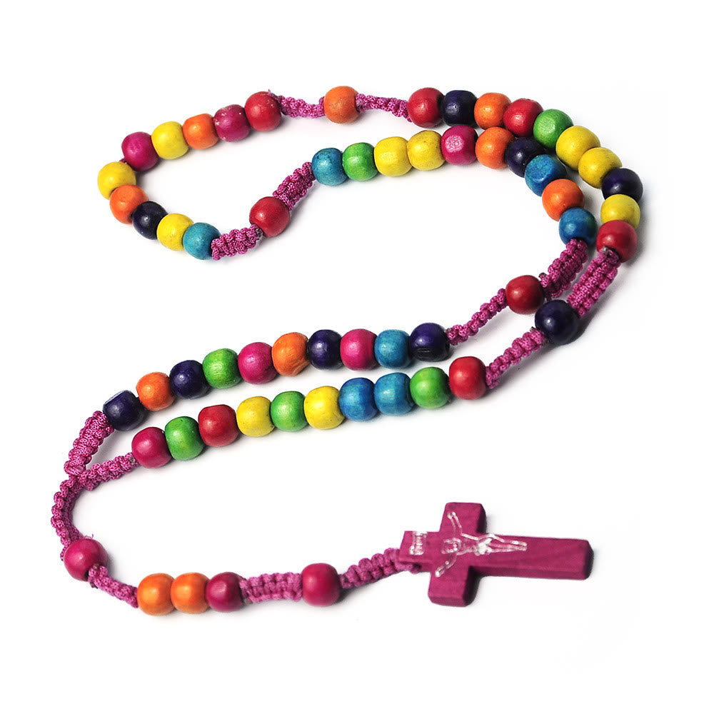 Christianartworkshop Crucifix of 8 mm Round Multicolor Wood Nylon Cord Rosary - image 2