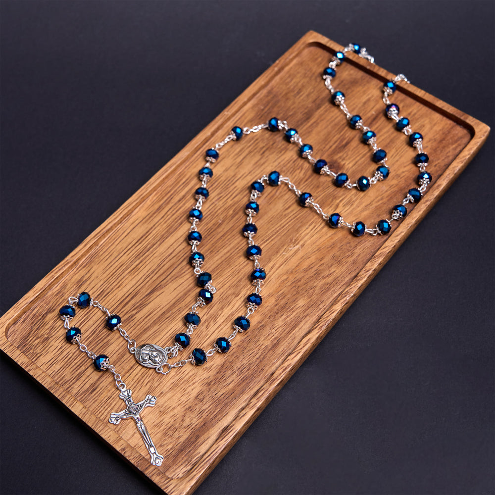 Christianartworkshop Madonna and Child & Crucifix of 6 mm Polyhedron Multicolor Crystal Alloy Chain Rosary - Blue - image 2
