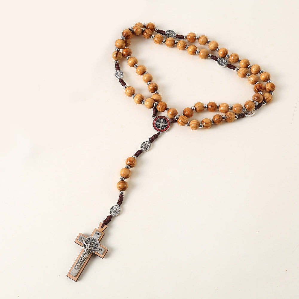 Christianartworkshop Miraculous Medal & St. Benedict Medal & Crucifix of 10 mm Round Brown Wood Nylon Cord Rosary - image 2
