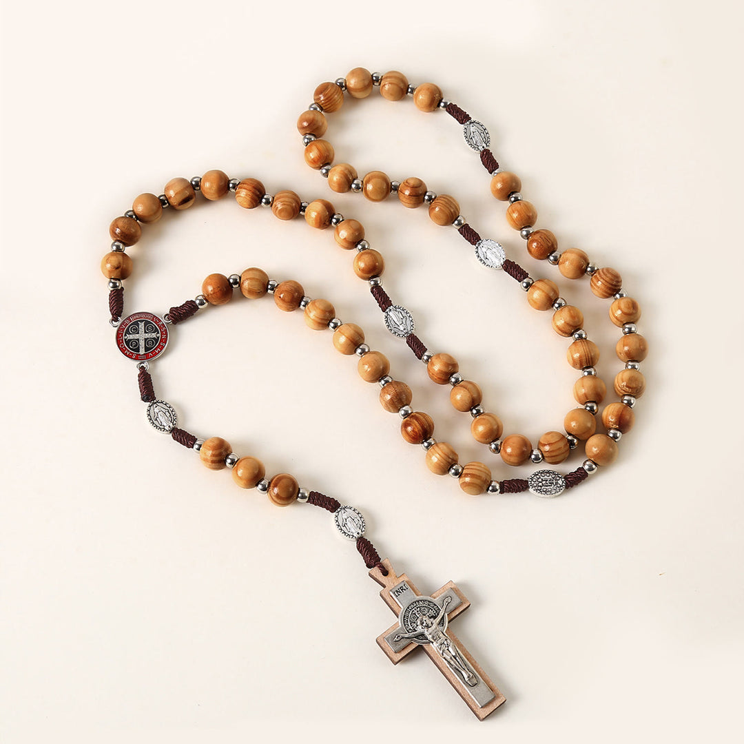 Christianartworkshop Miraculous Medal & St. Benedict Medal & Crucifix of 10 mm Round Brown Wood Nylon Cord Rosary - Wood Beads - image 1