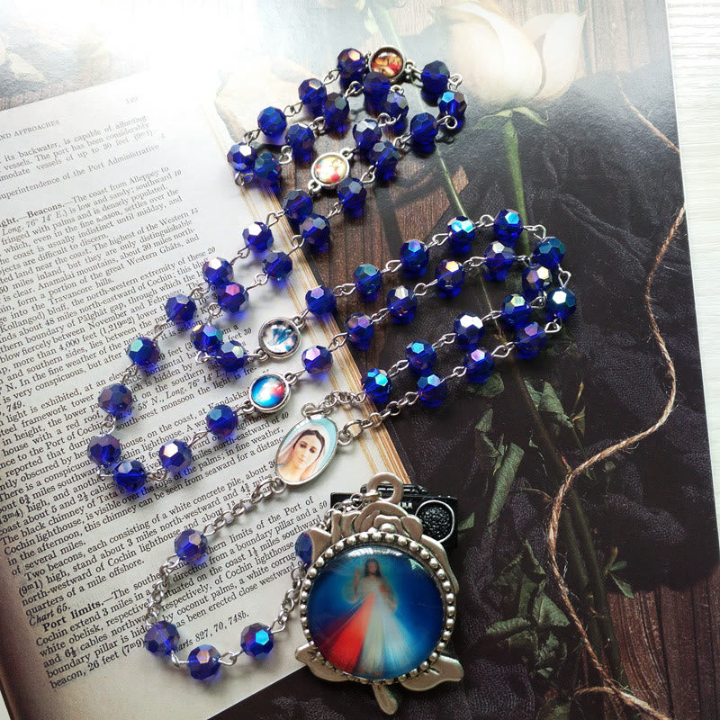 Christianartworkshop Our Lady of Fátima & Sacred Heart of Jesus of 6 mm Polyhedron Blue Crystal Alloy Chain Rosary - image 5