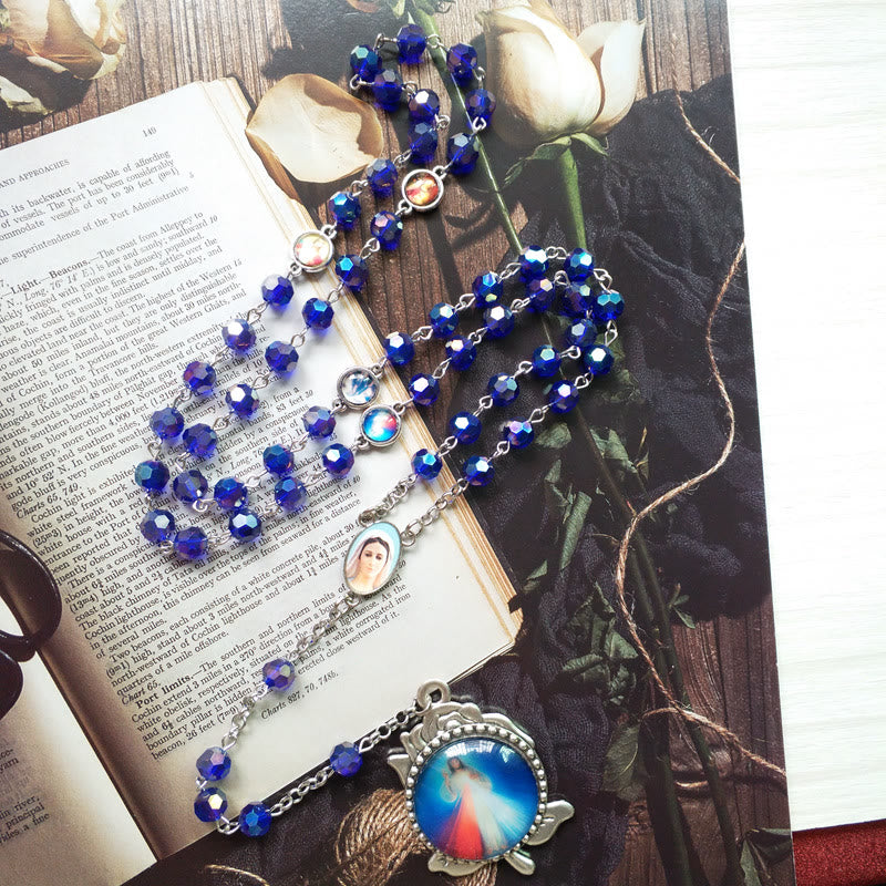 Christianartworkshop Our Lady of Fátima & Sacred Heart of Jesus of 6 mm Polyhedron Blue Crystal Alloy Chain Rosary - image 2