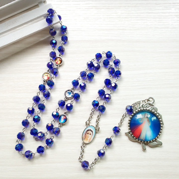 Christianartworkshop Our Lady of Fátima & Sacred Heart of Jesus of 6 mm Polyhedron Blue Crystal Alloy Chain Rosary - Blue - image 1