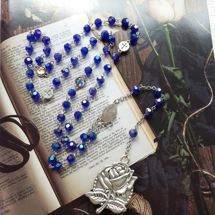 Christianartworkshop Our Lady of Fátima & Sacred Heart of Jesus of 6 mm Polyhedron Blue Crystal Alloy Chain Rosary - image 3