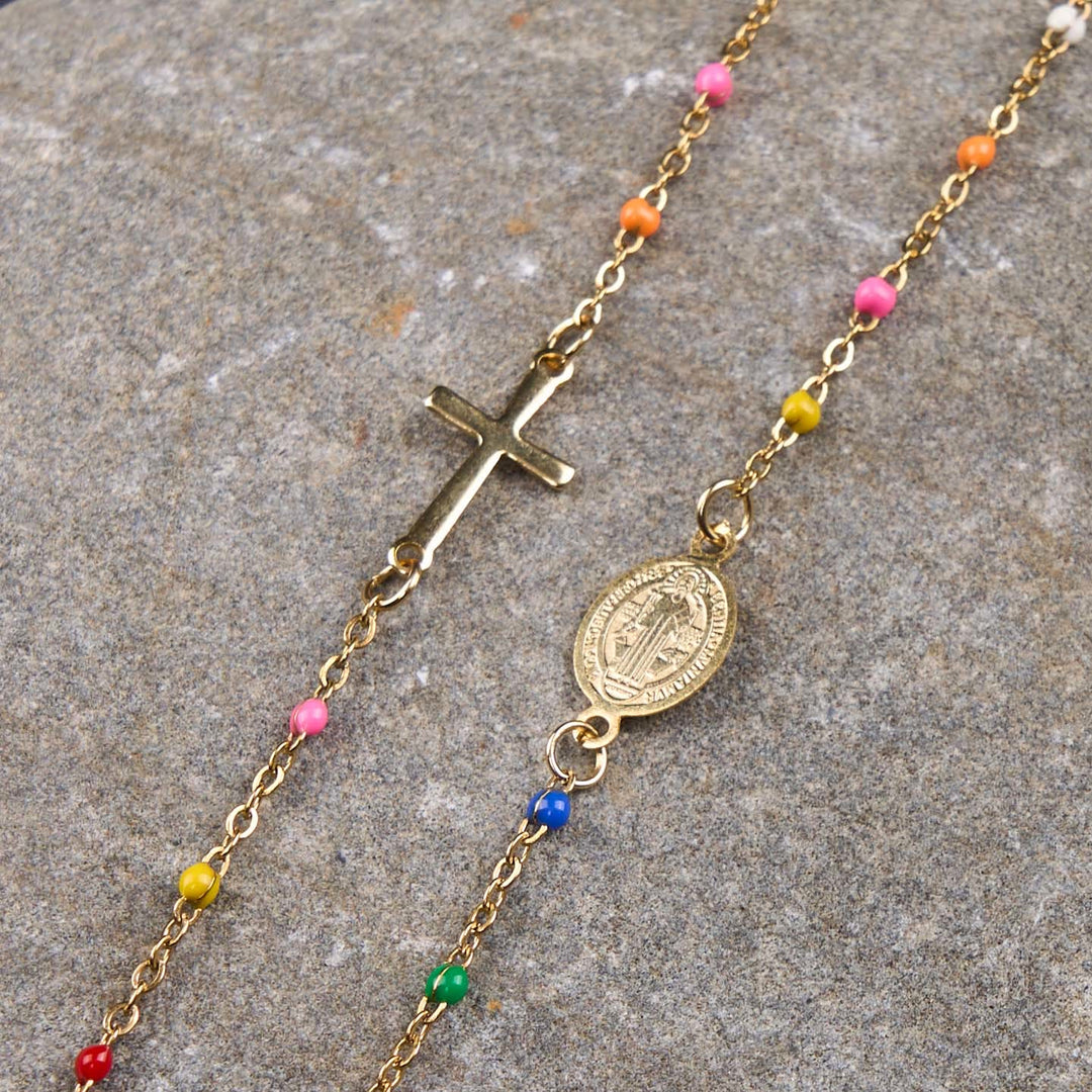 Christianartworkshop Fresh Elegant Style Colorful Clavicle Chain Necklace with Cross & 5 Medals Options - image 7