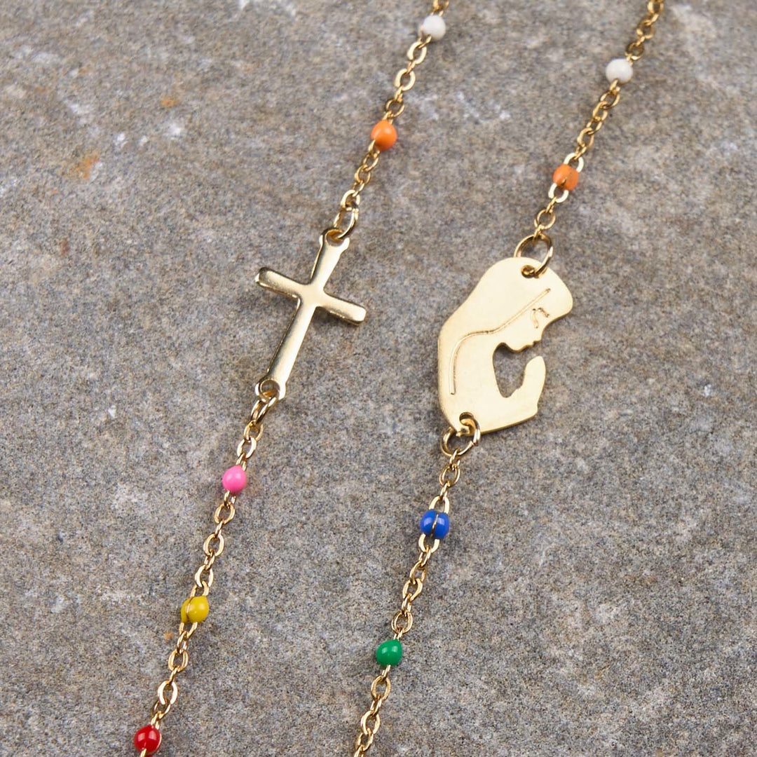 Christianartworkshop Fresh Elegant Style Colorful Clavicle Chain Necklace with Cross & 5 Medals Options - Praying Mother - image 8