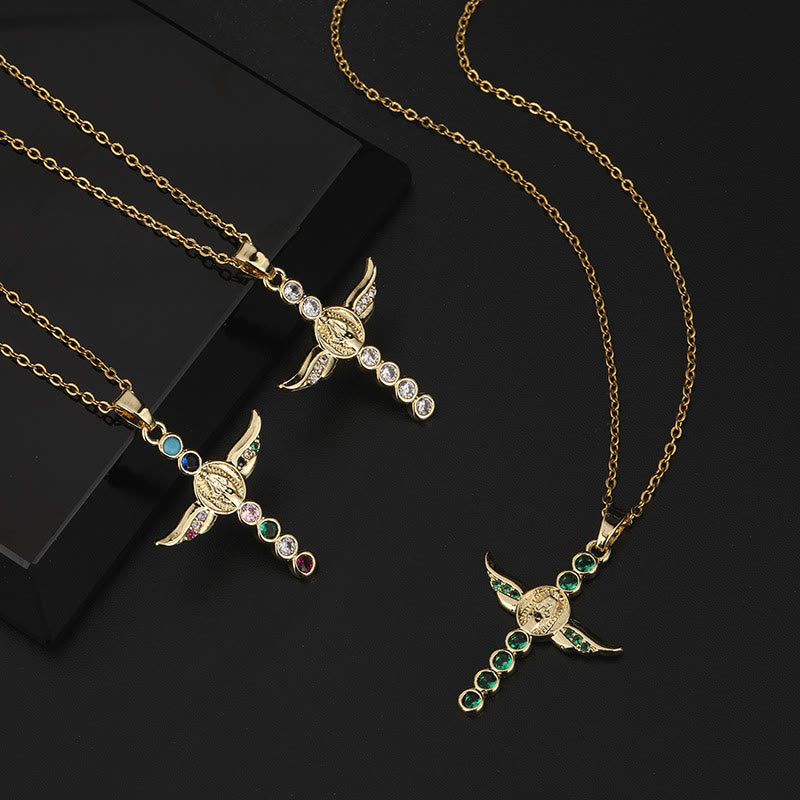 Christianartworkshop Classic Style Angel Wings Miraculous Medal Pendant Necklace - Green - image 1