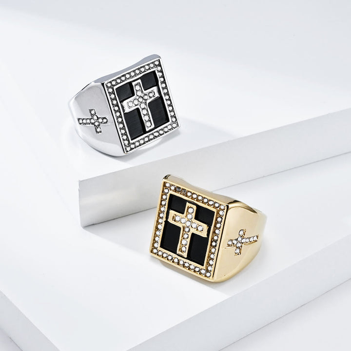 Christianartworkshop Retro Hip-hop Style Cross Titanium Steel Square Ring - Silver - US12 - image 1