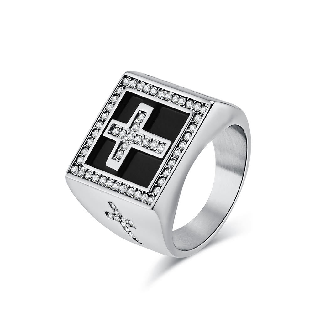 Christianartworkshop Retro Hip-hop Style Cross Titanium Steel Square Ring - image 2