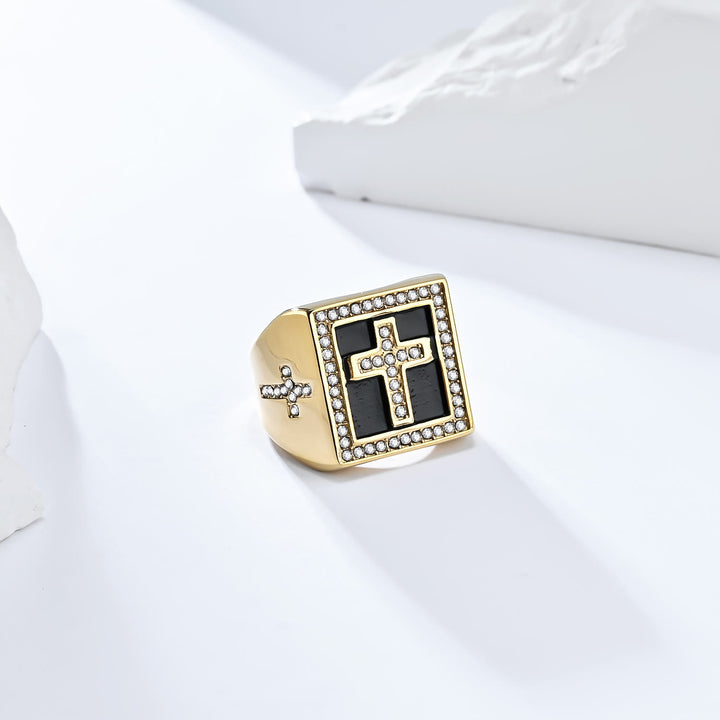 Christianartworkshop Retro Hip-hop Style Cross Titanium Steel Square Ring - image 4