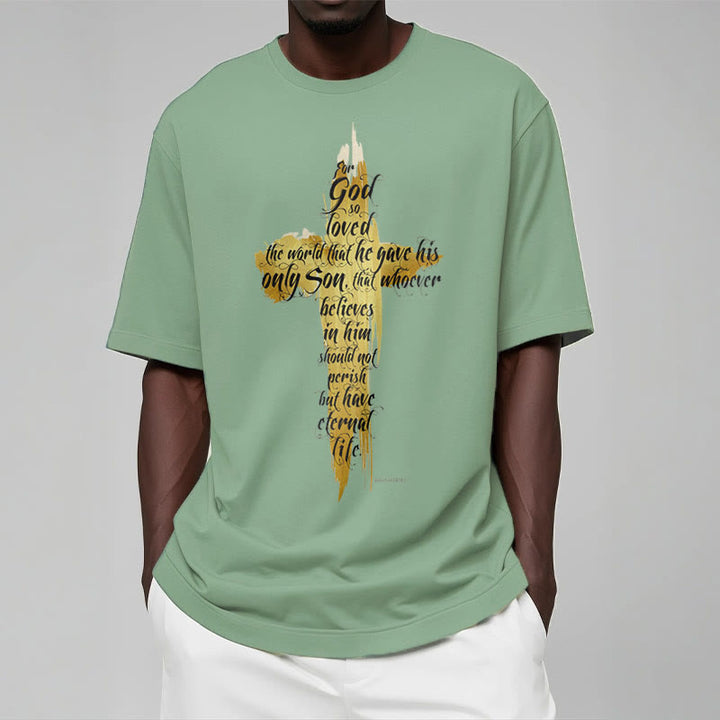 Christianartworkshop Quotation Style Golden Cross Scripture - John 3:16 Short Sleeve T-shirt - image 13