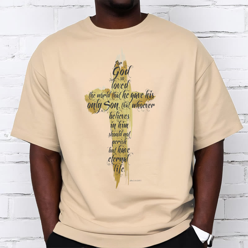 Christianartworkshop Quotation Style Golden Cross Scripture - John 3:16 Short Sleeve T-shirt - image 8