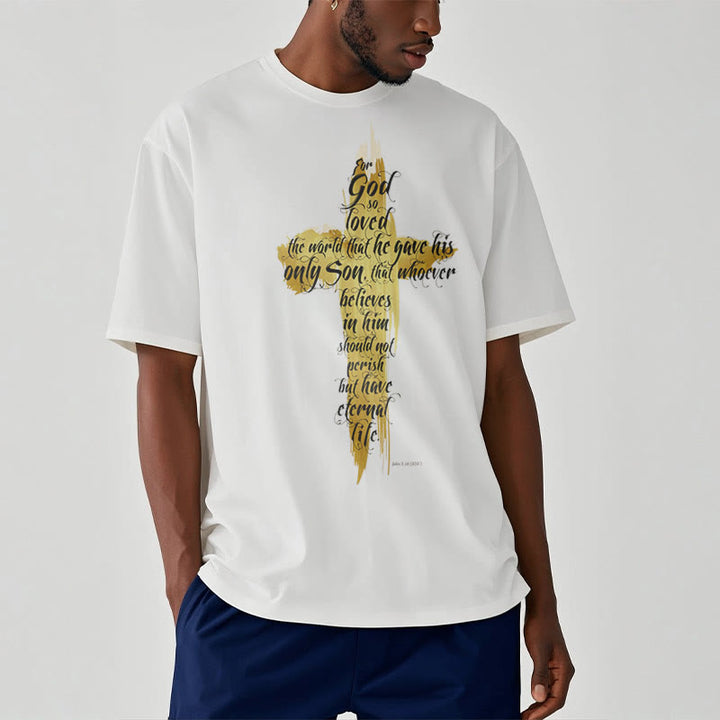 Christianartworkshop Quotation Style Golden Cross Scripture - John 3:16 Short Sleeve T-shirt - image 2