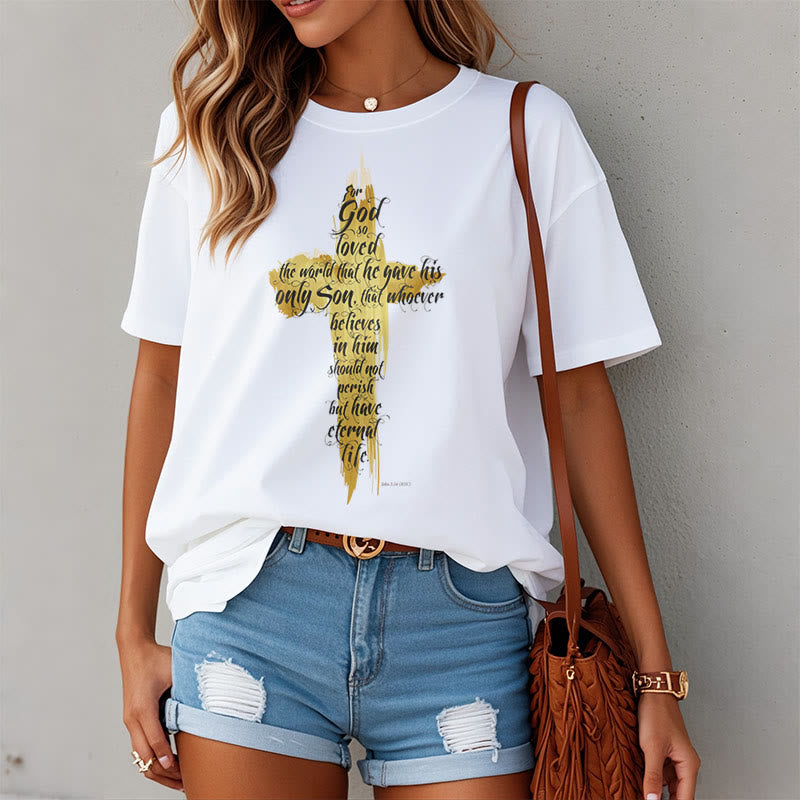 Christianartworkshop Quotation Style Golden Cross Scripture - John 3:16 Short Sleeve T-shirt - image 3