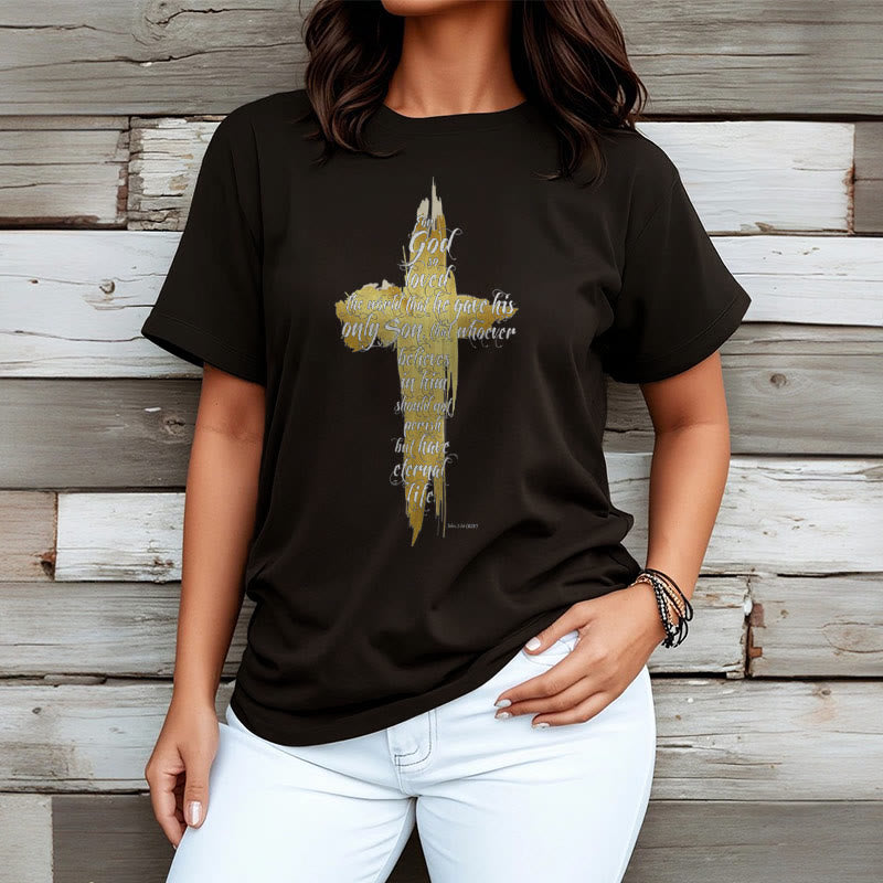 Christianartworkshop Quotation Style Golden Cross Scripture - John 3:16 Short Sleeve T-shirt - image 6