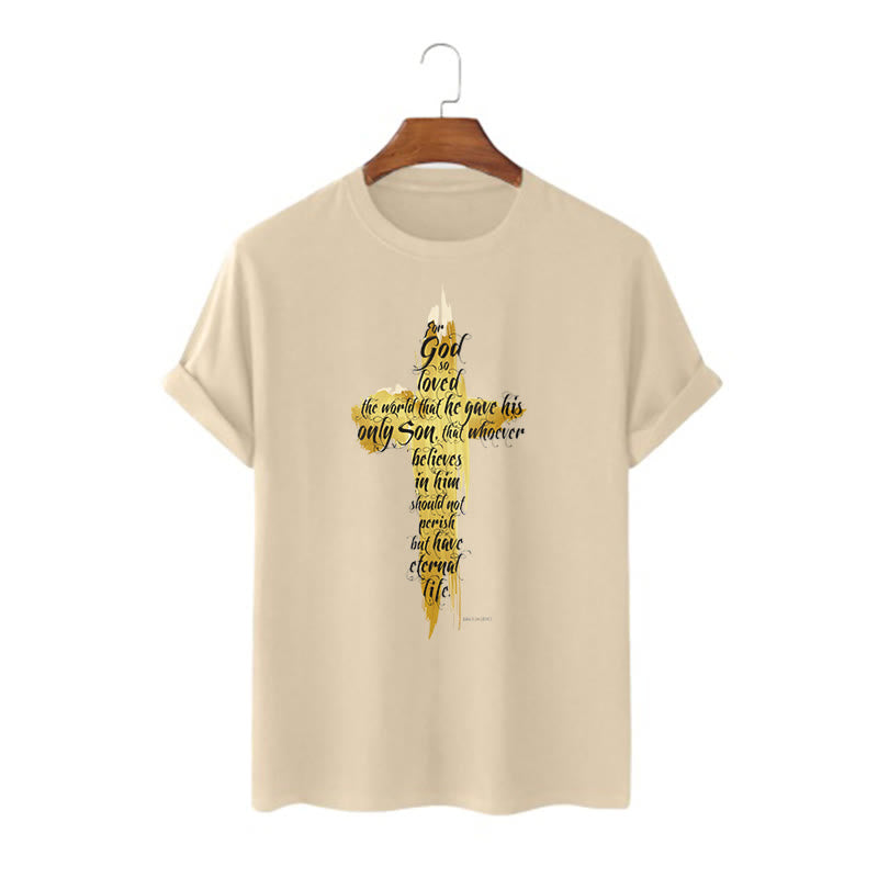 Christianartworkshop Quotation Style Golden Cross Scripture - John 3:16 Short Sleeve T-shirt - Khaki - 2XL - image 8