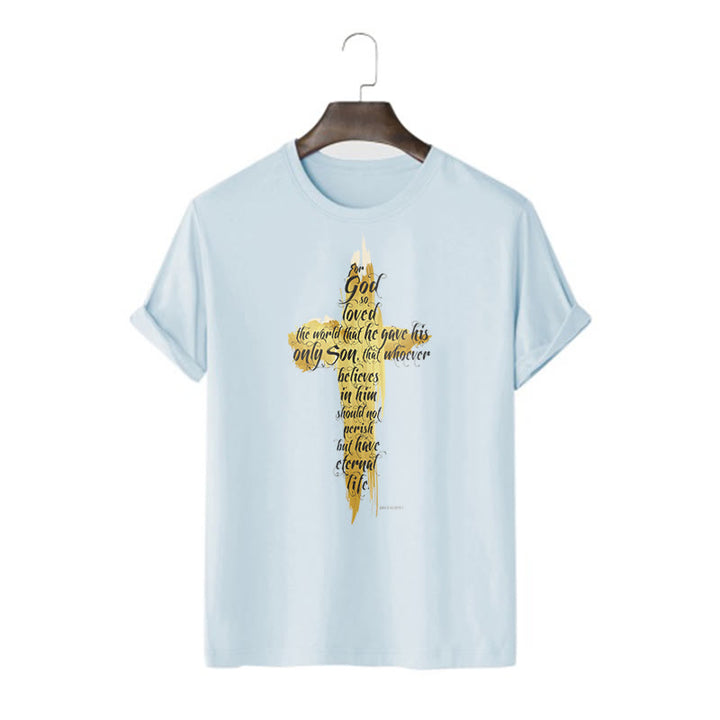 Christianartworkshop Quotation Style Golden Cross Scripture - John 3:16 Short Sleeve T-shirt - Blue - 2XL - image 18