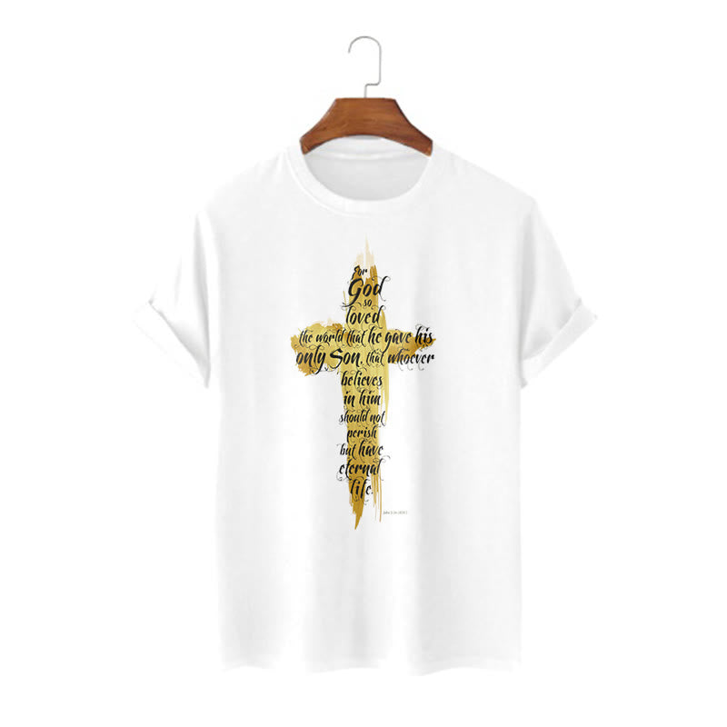 Christianartworkshop Quotation Style Golden Cross Scripture - John 3:16 Short Sleeve T-shirt - White - 2XL - image 0