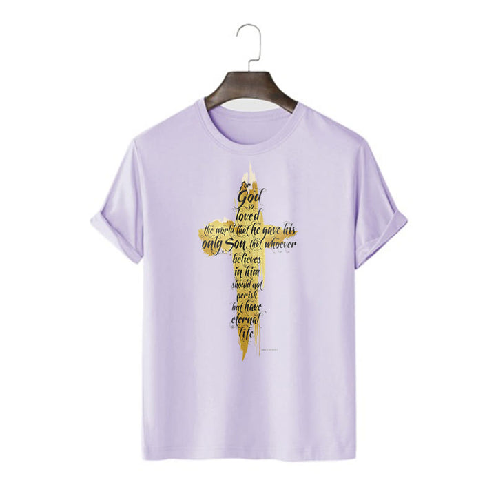 Christianartworkshop Quotation Style Golden Cross Scripture - John 3:16 Short Sleeve T-shirt - Purple - 2XL - image 15