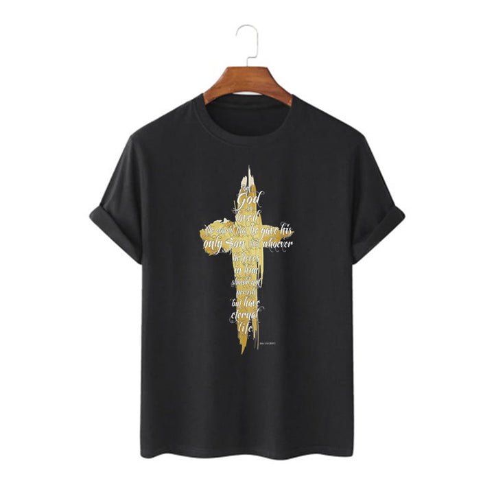 Christianartworkshop Quotation Style Golden Cross Scripture - John 3:16 Short Sleeve T-shirt - Black - 2XL - image 4