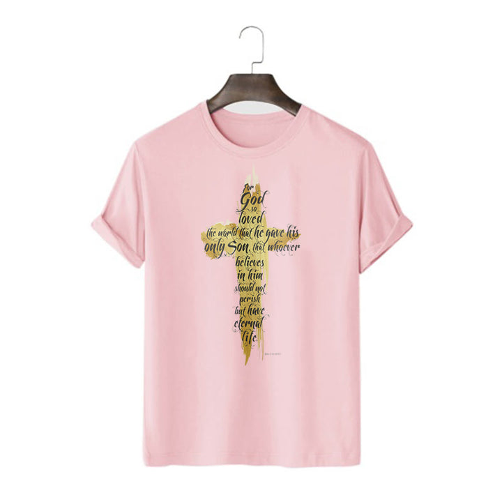 Christianartworkshop Quotation Style Golden Cross Scripture - John 3:16 Short Sleeve T-shirt - Pink - 2XL - image 14