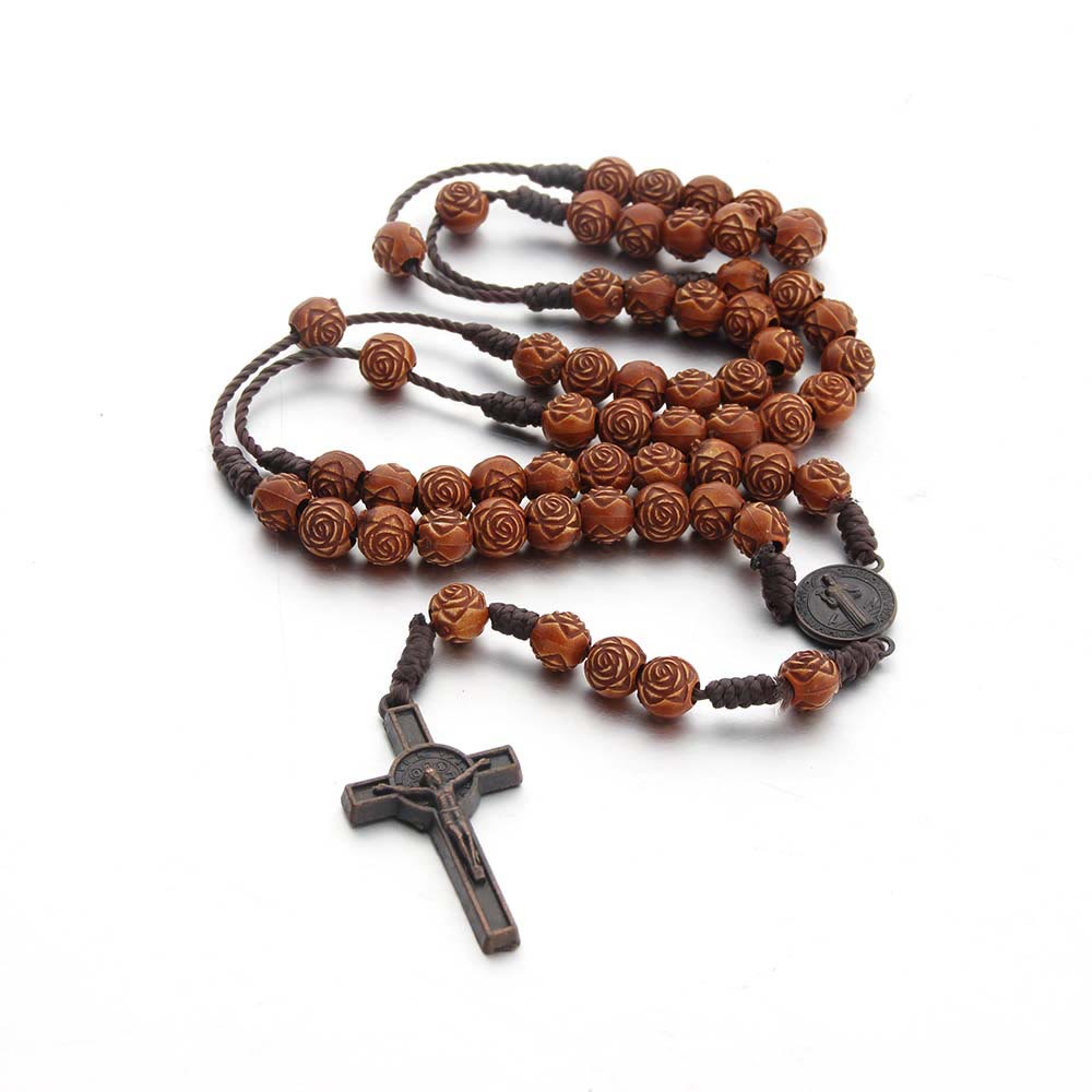 Christianartworkshop St. Benedict Medal & Crucifix of 8 mm Rose Brown Acrylic Nylon Cord Rosary - Brown - image 0