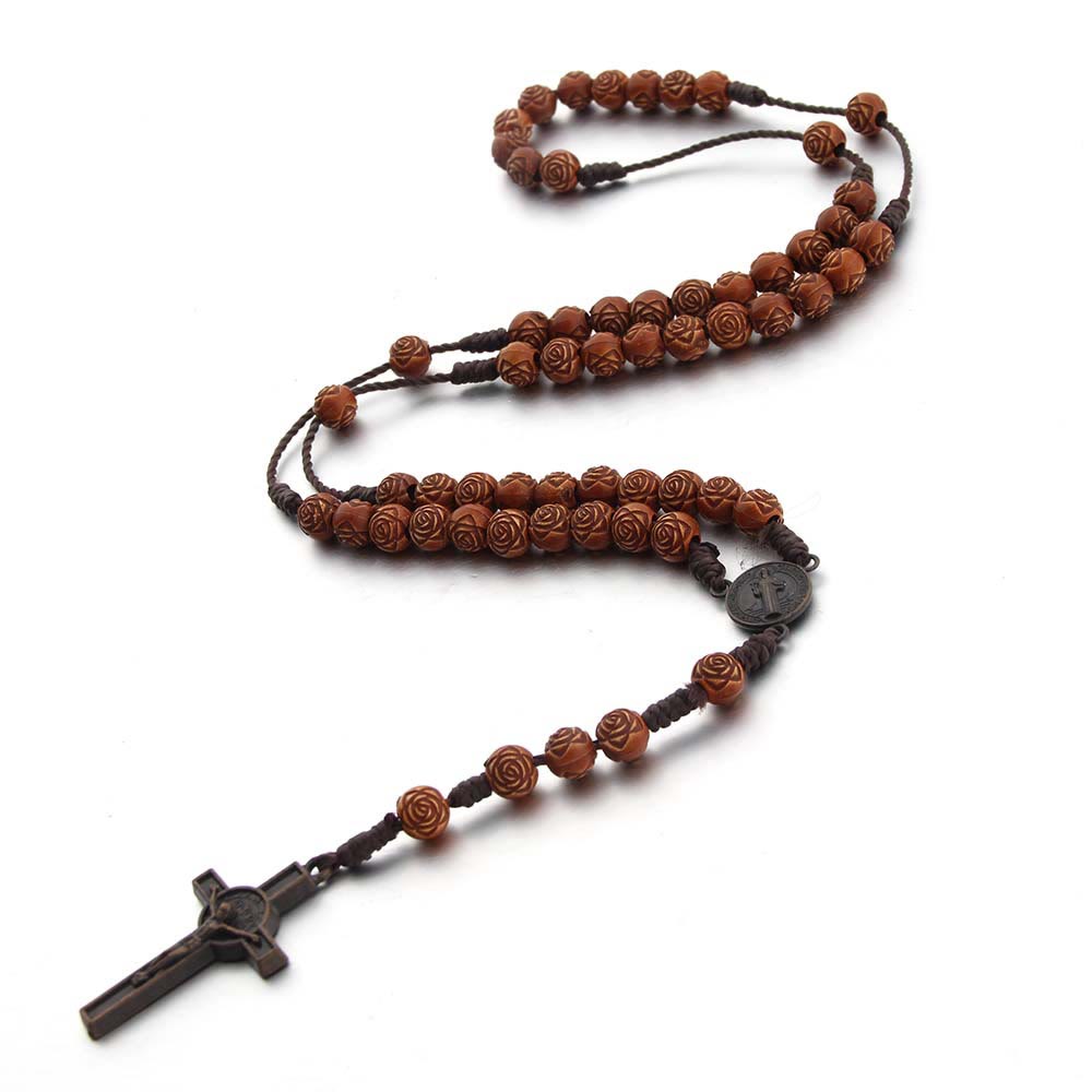 Christianartworkshop St. Benedict Medal & Crucifix of 8 mm Rose Brown Acrylic Nylon Cord Rosary - image 4