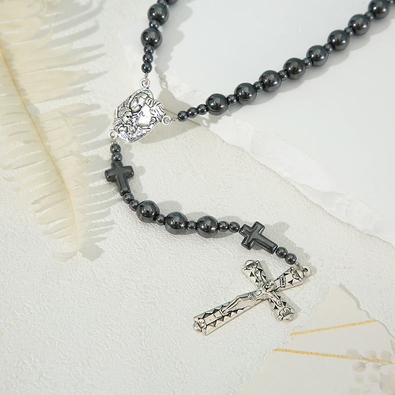 Christianartworkshop Holy Family & Crucifix of 8 mm Round Black Gallstone Nylon Cord Rosary - Black - image 1