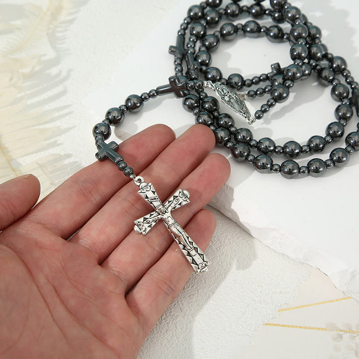 Christianartworkshop Holy Family & Crucifix of 8 mm Round Black Gallstone Nylon Cord Rosary - image 4