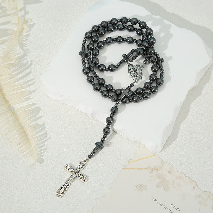 Christianartworkshop Holy Family & Crucifix of 8 mm Round Black Gallstone Nylon Cord Rosary - image 3