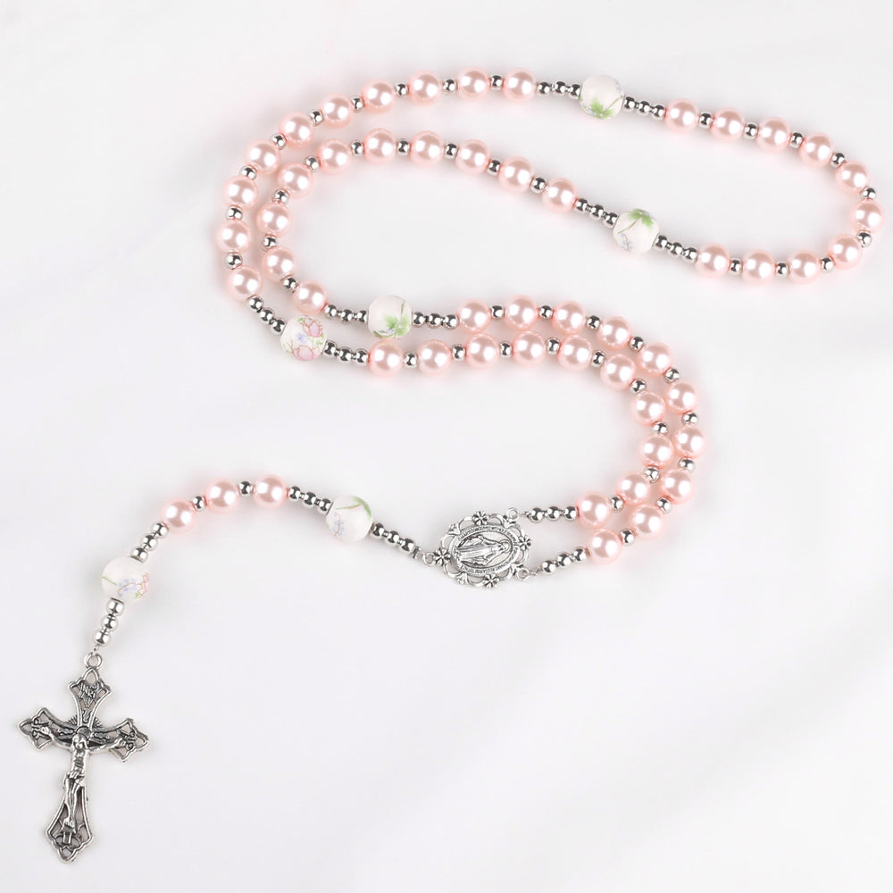Christianartworkshop Miraculous Medal & Crucifix of 8 mm Round Multicolor Pearl Nylon Cord Rosary - Pink - image 2