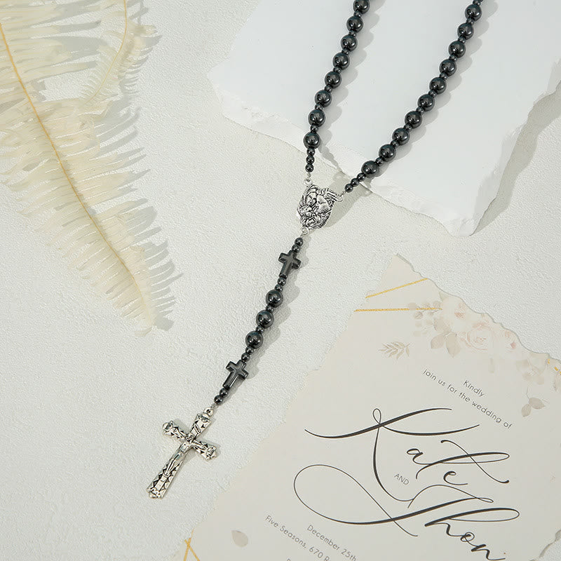 Christianartworkshop Holy Family & Crucifix of 8 mm Round Black Gallstone Nylon Cord Rosary - image 6