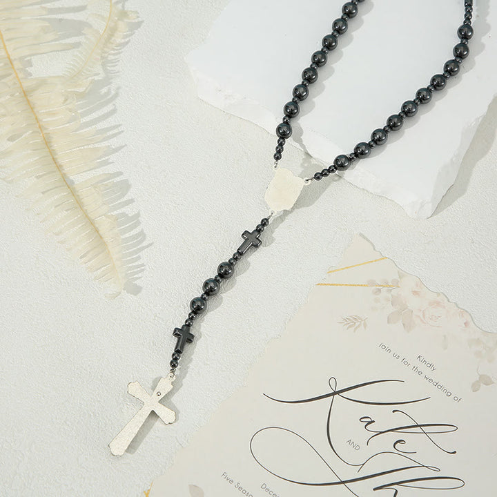 Christianartworkshop Holy Family & Crucifix of 8 mm Round Black Gallstone Nylon Cord Rosary - image 5