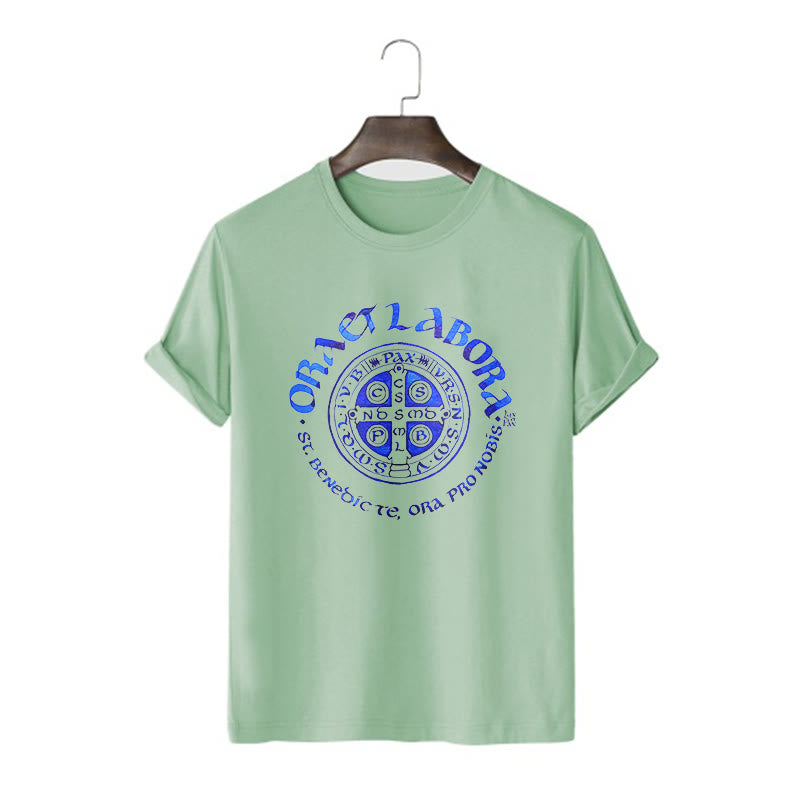 Christianartworkshop Classic Style Ora et Labora Saint Benedict Medal Short Sleeve Washed T-shirt
